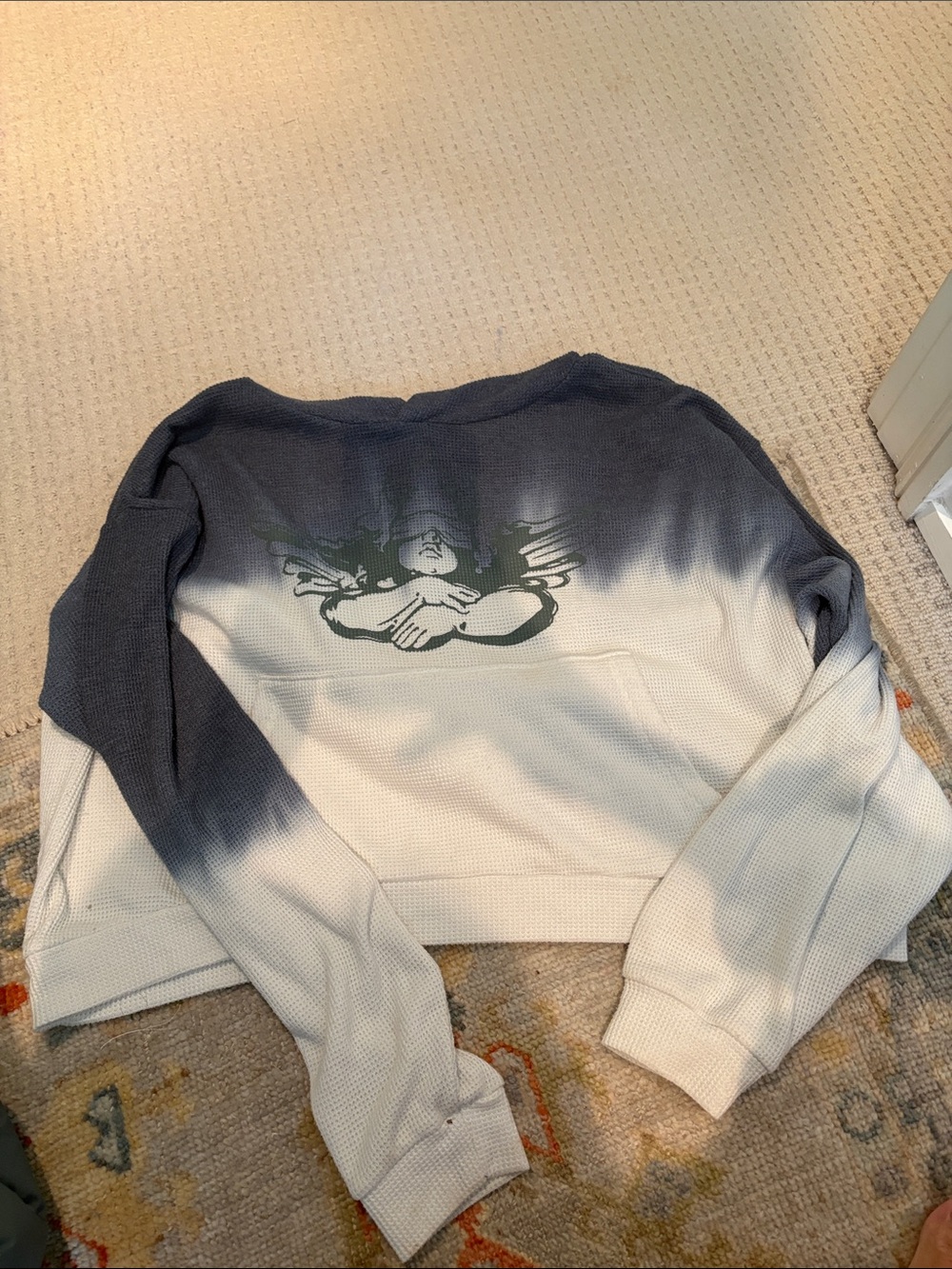 Boys Lie Gray to Cream Ombre Waffle Crewneck with Back Graphic
